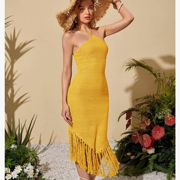 NWT FLOERNS Yellow Crochet Halter Midi Dress with Fringe - Picture 5 of 13